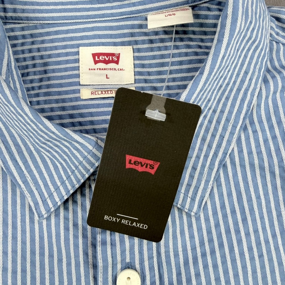 Levi's Mens L Blue White Cotton Blend Relaxed Striped Short Sleeve Shirt New - Picture 5 of 11